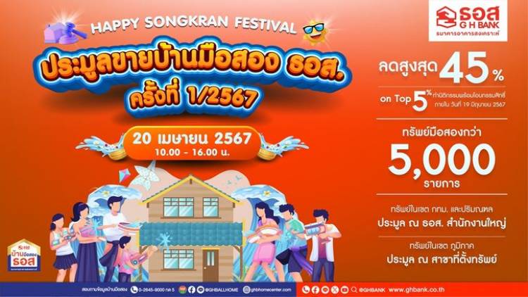 ธอส. ลดหนัก 45% จัดประมูลบ้านมือสอง ราคาเริ่มต้น 55,000 บาท เริ่ม 20 เม.ย. 67